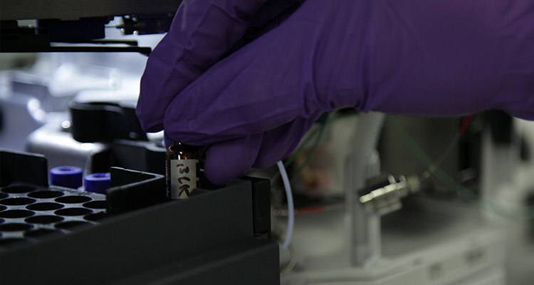 Hand in latex glove places a specimen vial in processing tray